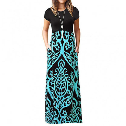 Ladies Short Sleeve Printed Dress Long Skirt