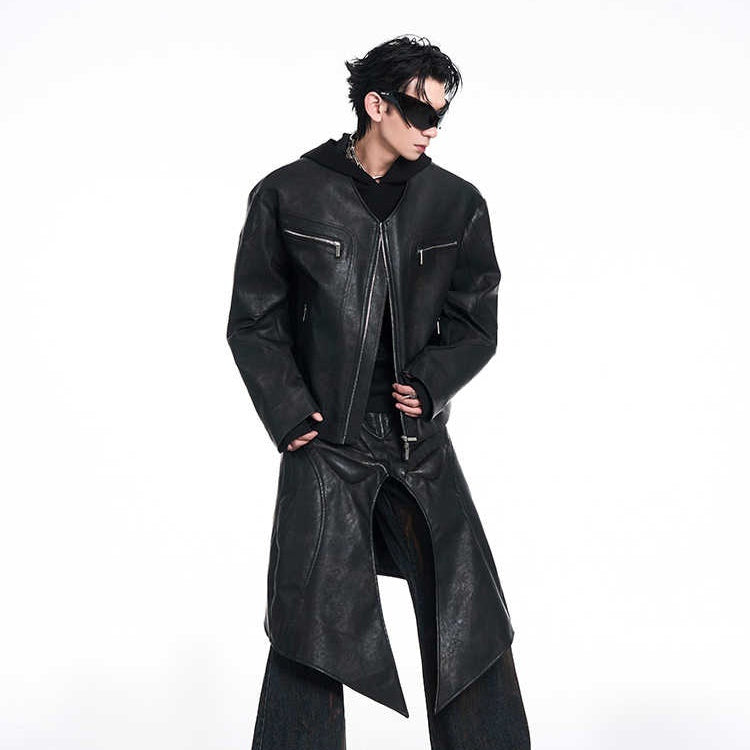 Niche V-Neck Zipper Design Leather Coat for Men Exclusive Edge