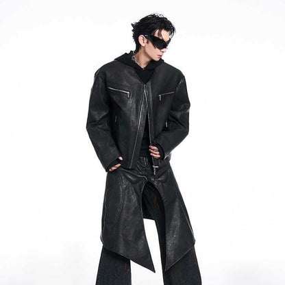 Niche V-Neck Zipper Design Leather Coat for Men Exclusive Edge