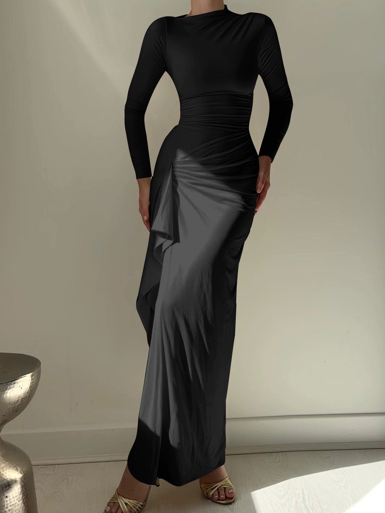 Fashionable Solid Color Round-neck Slim-fit Dress With An Irregular Slit