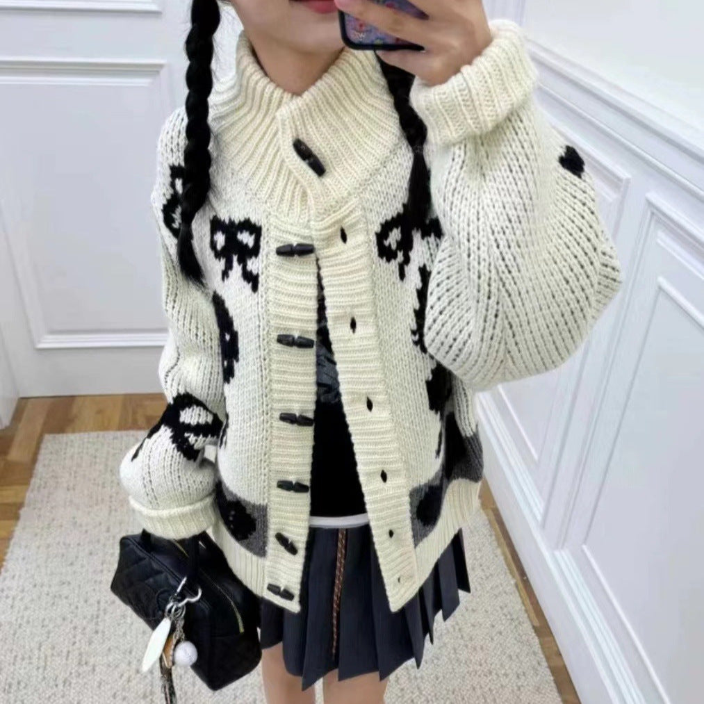 Pattern Stand Collar Knitted Coat For Women