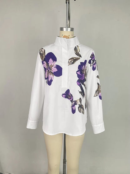 Long Sleeve And Loose Print Top Stand Collar Shirt