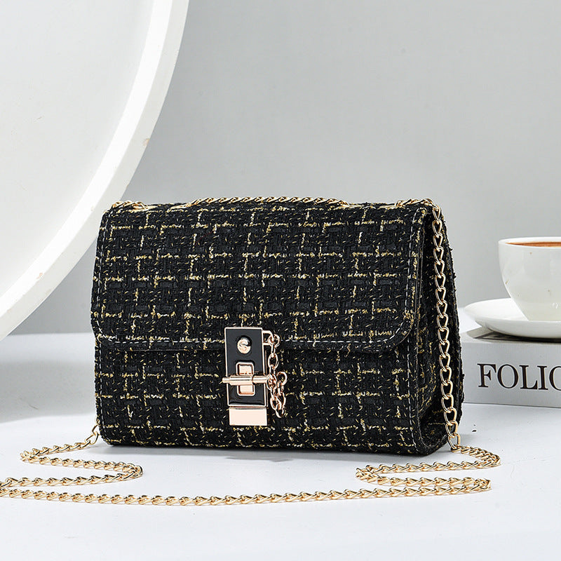 Woolen Twist Lock Shoulder Bag Versatile Women's Bag Gold Silk Contrast Color