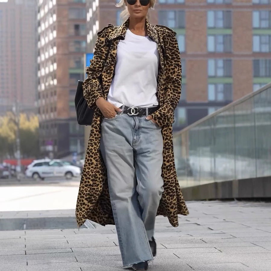 Leopard Print Women's Ultra-long Slim-fit Large Lapel Coat