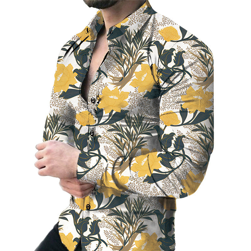 Bold Large Floral Print Casual Long Sleeve Shirt