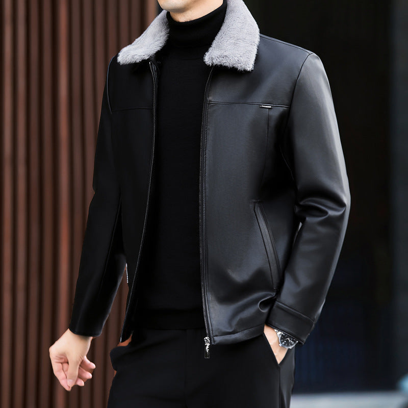 Leather Down Jacket Mens Autumn Winter Thickened Middle-Age Elegance