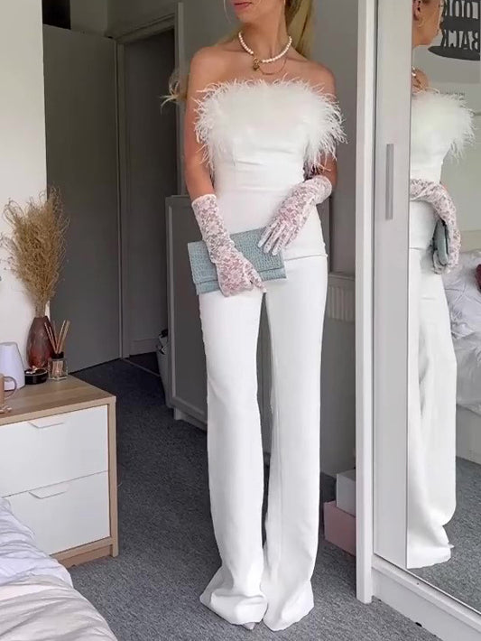 Elegant White Off-Shoulder Jumpsuit With Feather Accents
