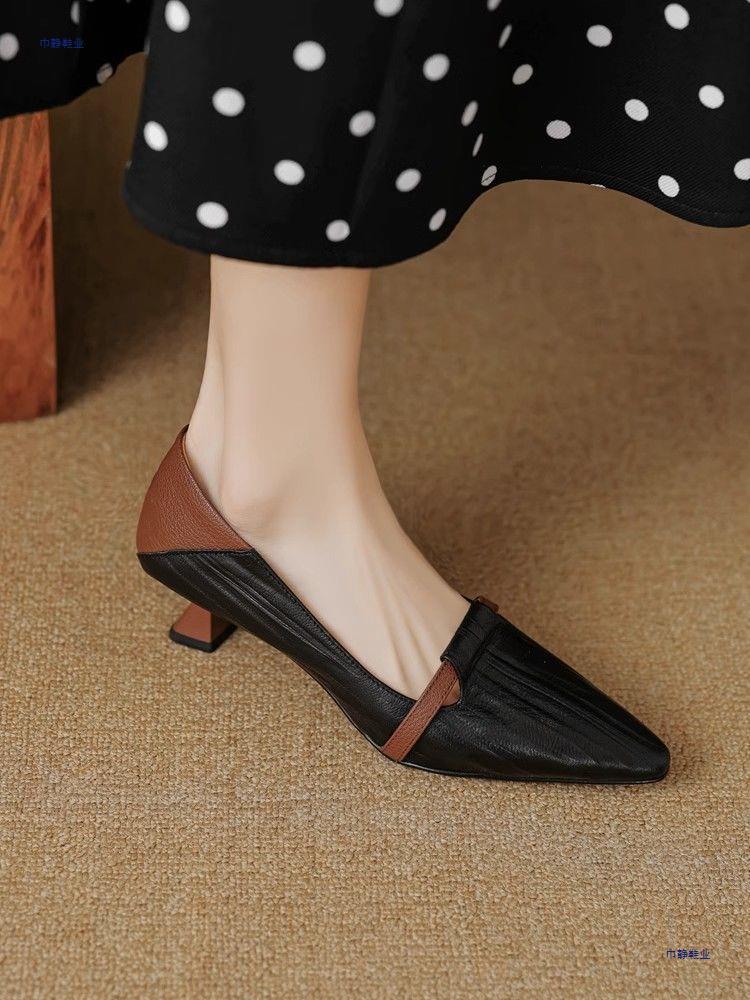 Women's Black Chunky Heel Shoes Low-cut Leather Shoes