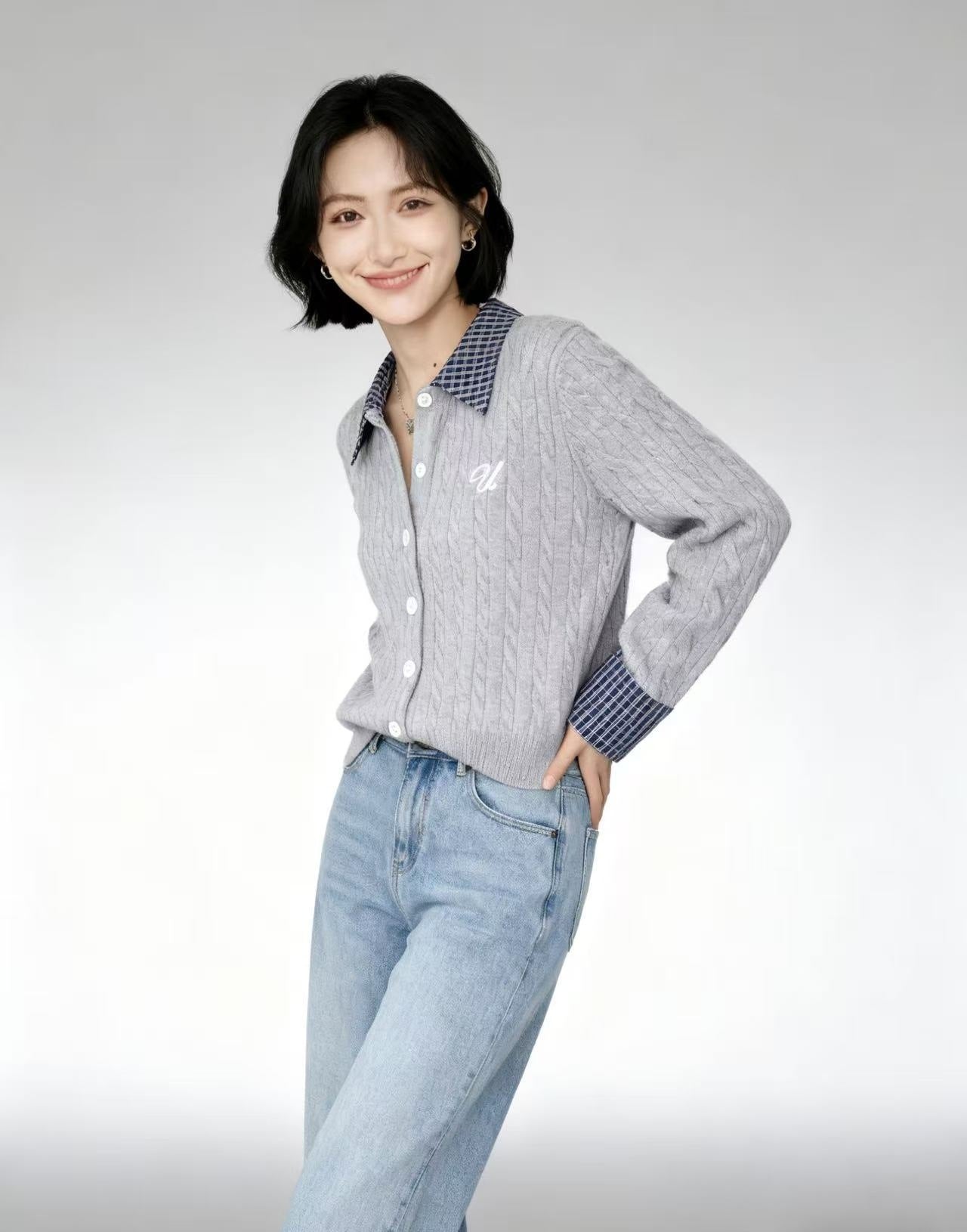 Plaid Stitching Lapel Long Sleeve Twist Knitted Sweater