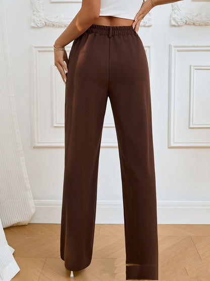 Spring And Autumn Solid Color Pocket Elastic Waist Pleated Casual Straight Pants