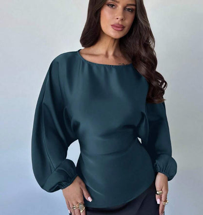 Casual Round Neck Lace-up Waist Shirt For Women