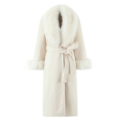 Women's Clothing Big Fur Collar Belt White Woolen Long-cut Coat