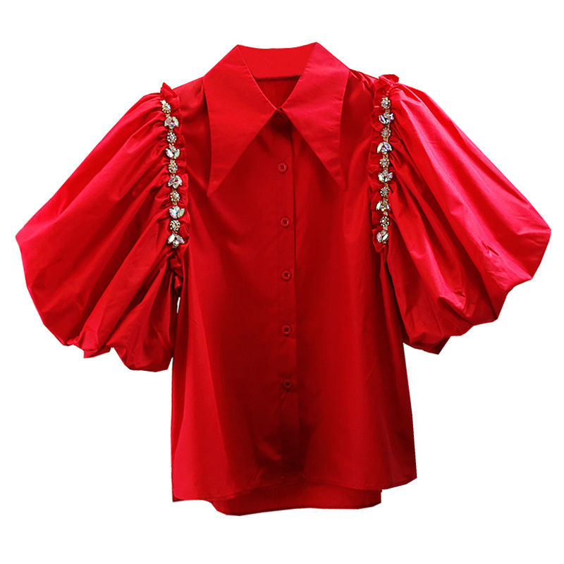 Diamond Decorated Sweet Big Bubble Sleeve Short Sleeve