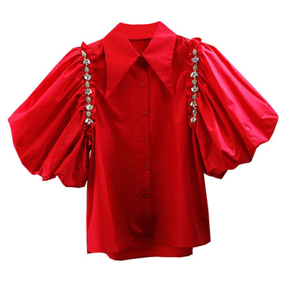 Diamond Decorated Sweet Big Bubble Sleeve Short Sleeve