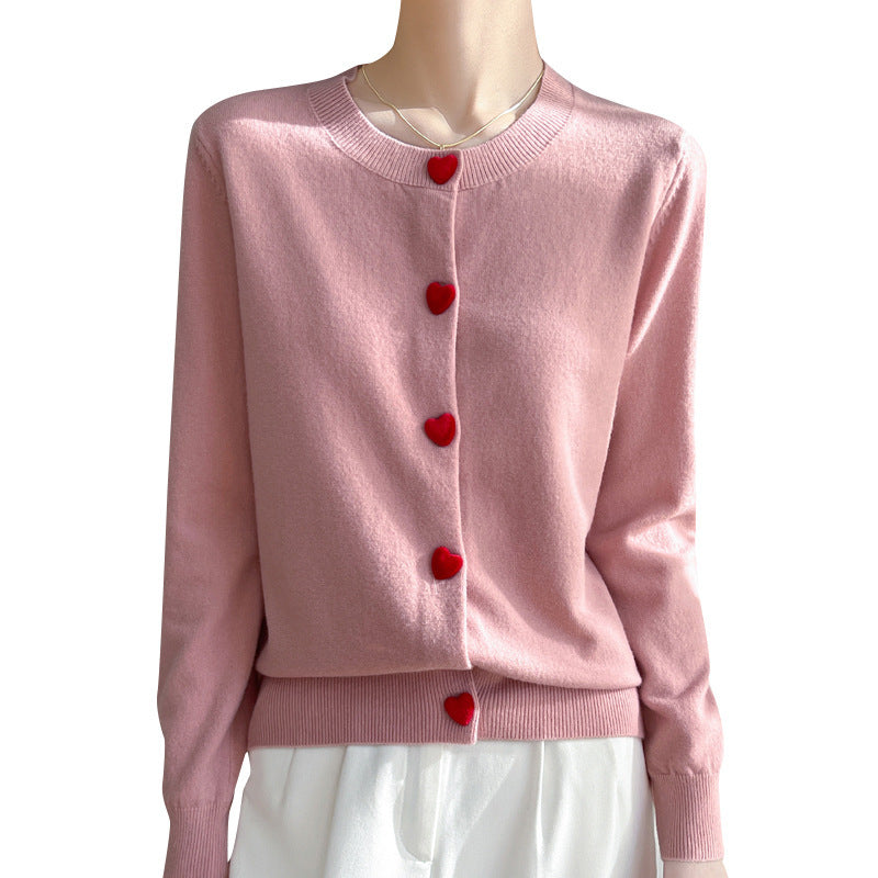 Round Neck Cardigan Red Heart Buckle Sweater For Women