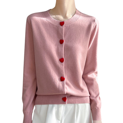 Round Neck Cardigan Red Heart Buckle Sweater For Women