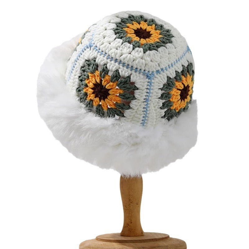 Rabbit Fur Knitted Warm-keeping And Cold-proof Handmade Crochet Bucket Hat