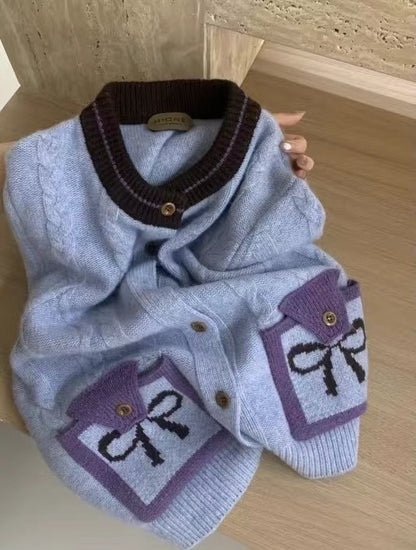 Contrast Color And Versatile Bow Pocket Sweater