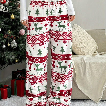 Christmas Plush Warm Pattern Printing Casual And Comfortable Loose Straight Trousers