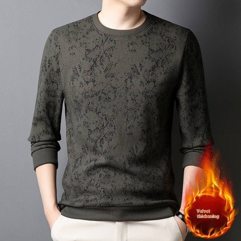 Men's Round Neck Printed Young And Middle-aged Long-sleeved Thickened Warm T-shirt