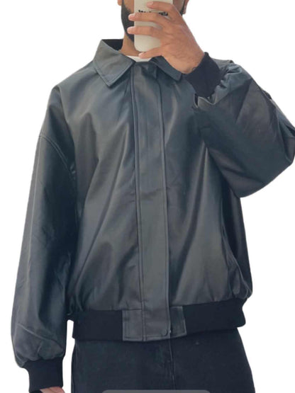 Mens Short Zipper Lapel Loose Casual PU Leather Jacket Effortless Street
