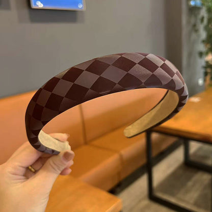 Retro Fashion Leather High Skull Top Chessboard Lattice Sponge Headband