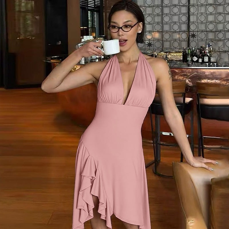 Women's Fashion Sexy Deep V Backless Waist Trimming Sheath Sleeveless Dress