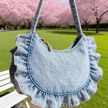 Polyester Women's Denim Lace Pleated Cross-body Bag