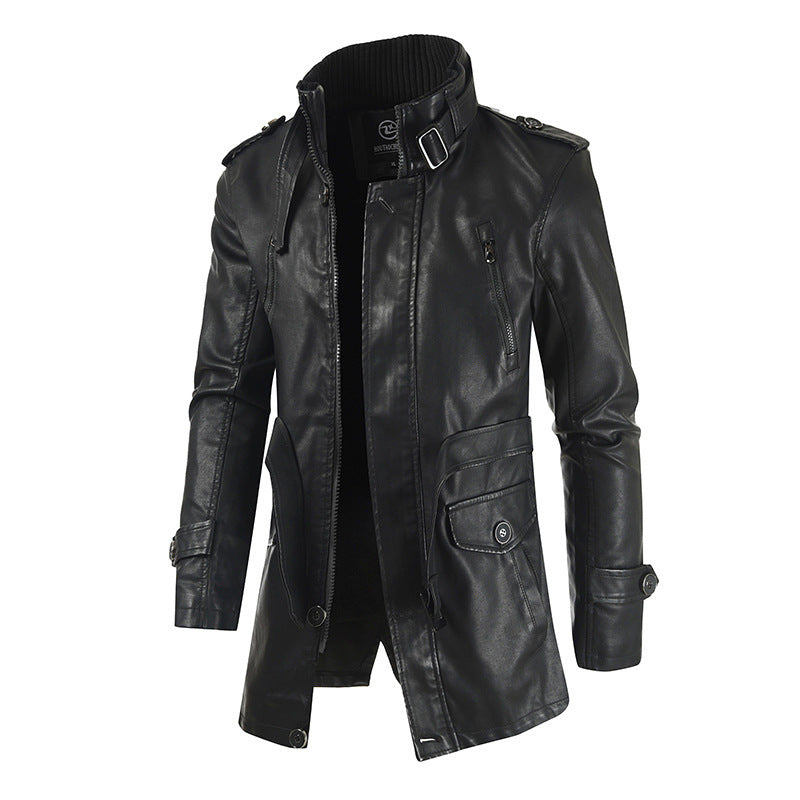 Mens Mid-Length Leather Coat Stand Collar Fleece-Lined Thickened Extended Warmth