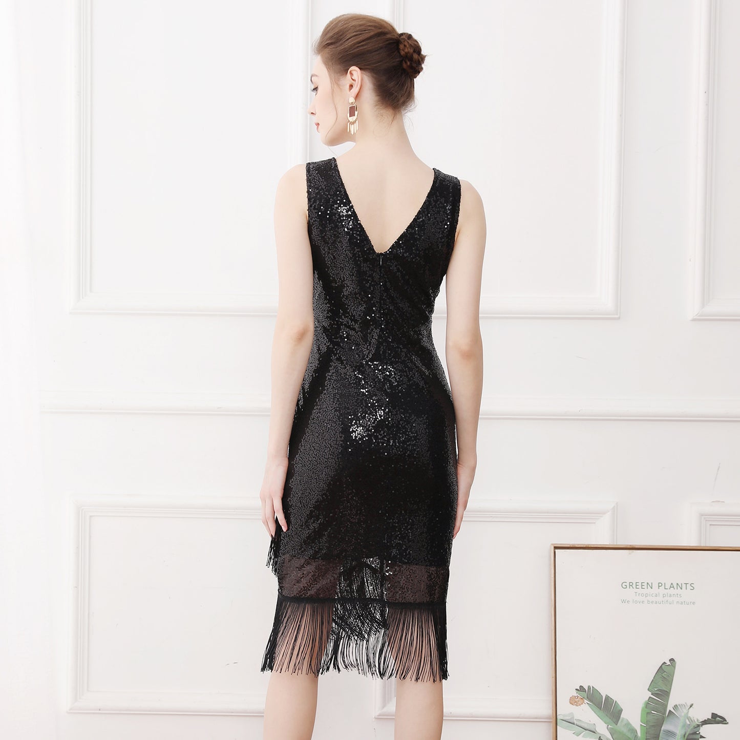 High Waist Sequined Tassel Birthday Party Prom Sexy V-neck Dance Dress