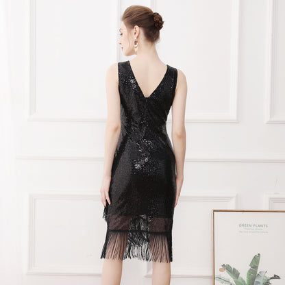 High Waist Sequined Tassel Birthday Party Prom Sexy V-neck Dance Dress