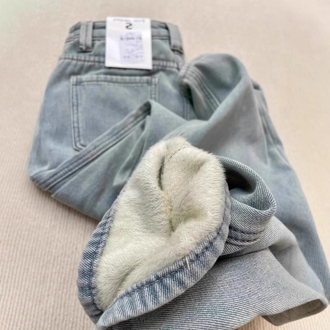 Autumn And Winter Fleece-lined Warm Straight Jeans For Women