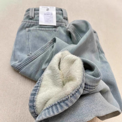 Autumn And Winter Fleece-lined Warm Straight Jeans For Women