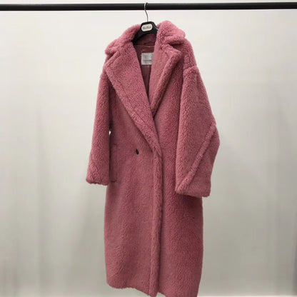 Women's Long Pink Wool Alpaca Fleecefiber Fur Coat