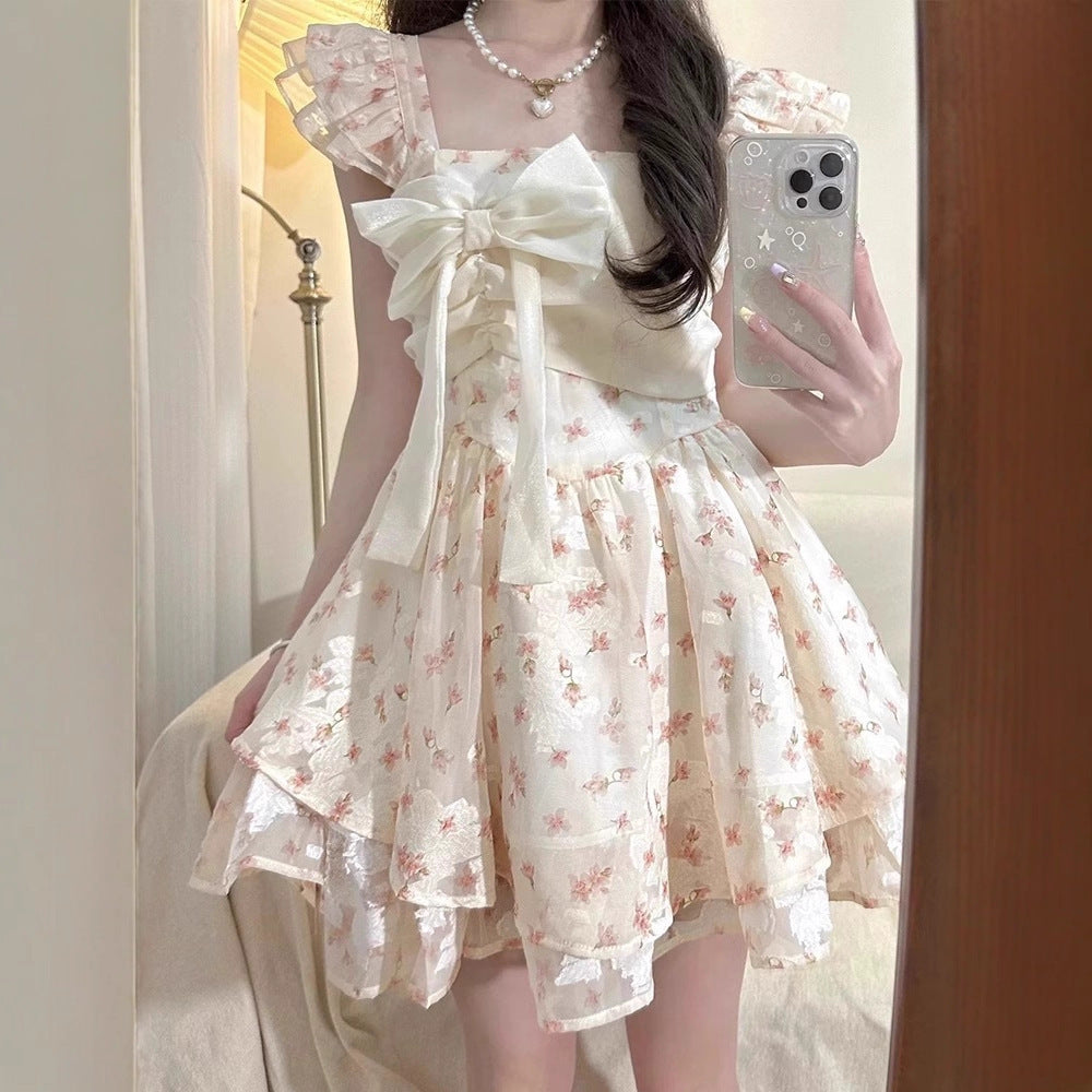 Women's Flounced Sleeve Bow Floral Dress