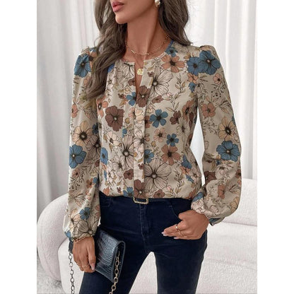 Women's Floral Print Notched Collar Shirt Elegant