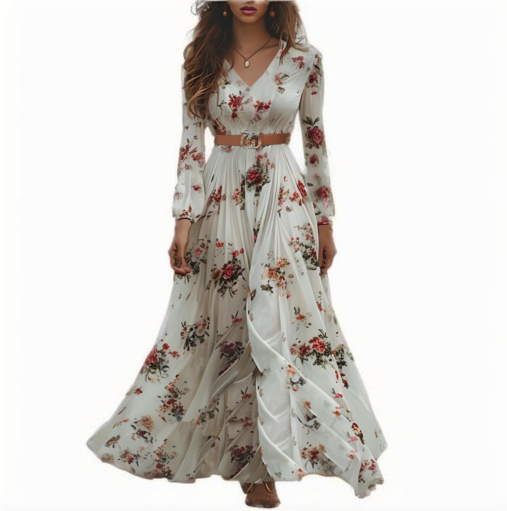 Temperament V-neck Long Sleeve Printed Dress For Woman