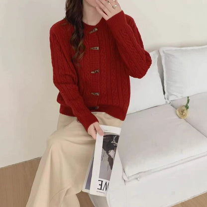Thickened Lazy Western Style Horn Button Red Cable-knit Sweater