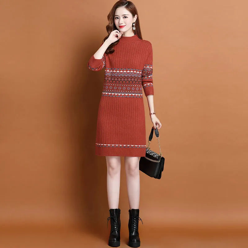 Thermal Head Cover Half Turtleneck Mid-length Bottoming Sweater Women's Woolen Skirt