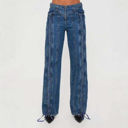 New Low Waist Hollow Lace-up Wide-leg Jeans For Women