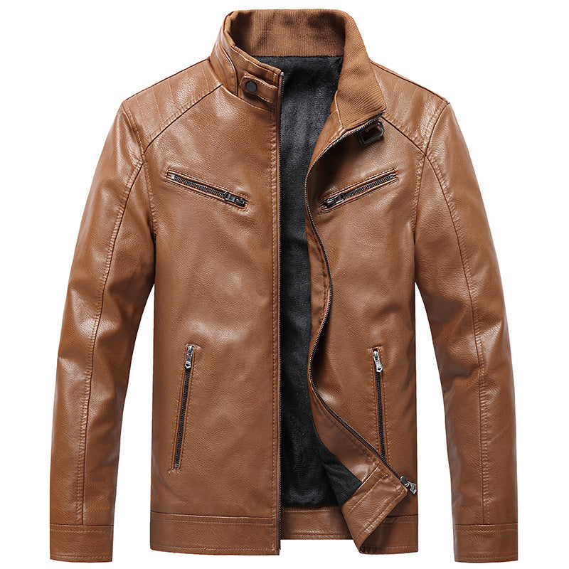 Mens Fleece Padded Coat Casual Korean-Style Stand Collar PU Leather Trendy Youth