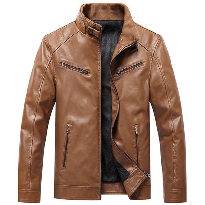 Mens Fleece Padded Coat Casual Korean-Style Stand Collar PU Leather Trendy Youth