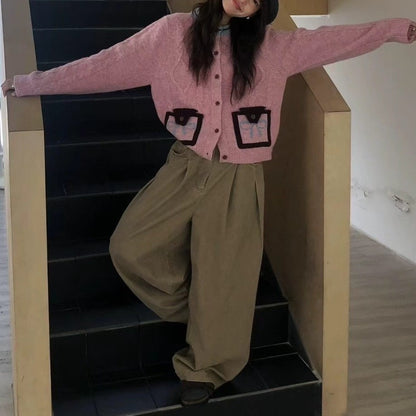 Contrast Color And Versatile Bow Pocket Sweater