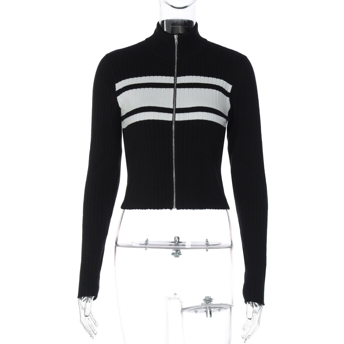 Contrast Zip Cardigan Tops Slim Long Sleeve Sweater