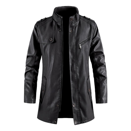 Mens Fashionable Standing Collar Plush Leather Jacket Plush Sophisticated Warmth