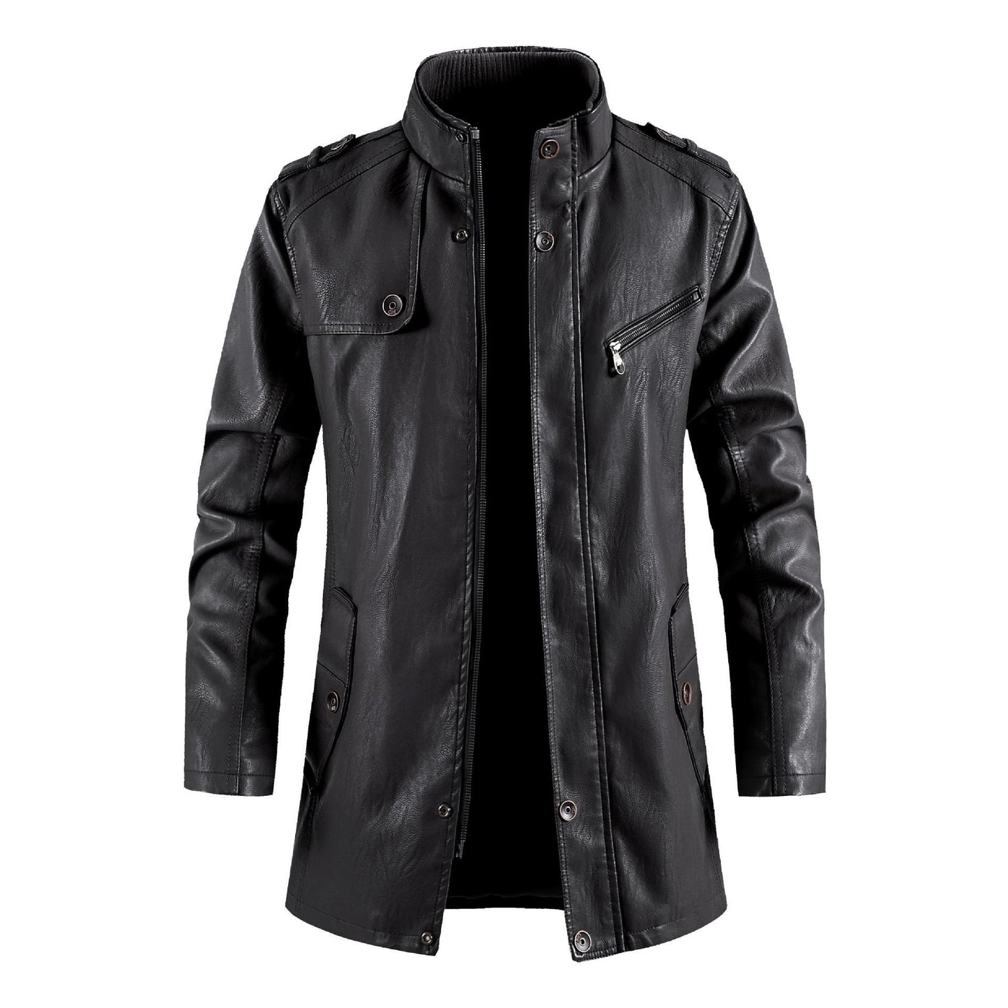 Mens Fashionable Standing Collar Plush Leather Jacket Plush Sophisticated Warmth