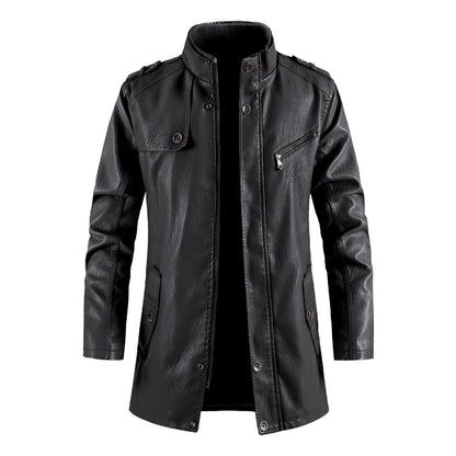 Mens Fashionable Standing Collar Plush Leather Jacket Plush Sophisticated Warmth