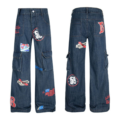 Pattern Dark Flower Funny Multi-pocket Loose And Idle Sense Jeans For Men And Women