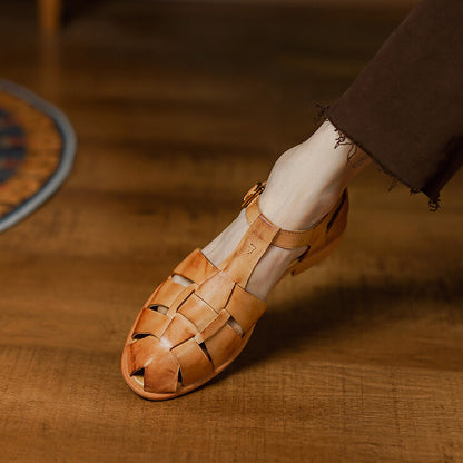 Summer Low Heel Pig Cage Shoes Chunky Heel Retro Roman Sandals For Women