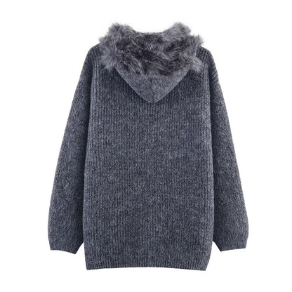 Cool Strap Decorative Hoodie Horn Button Knitted Coat